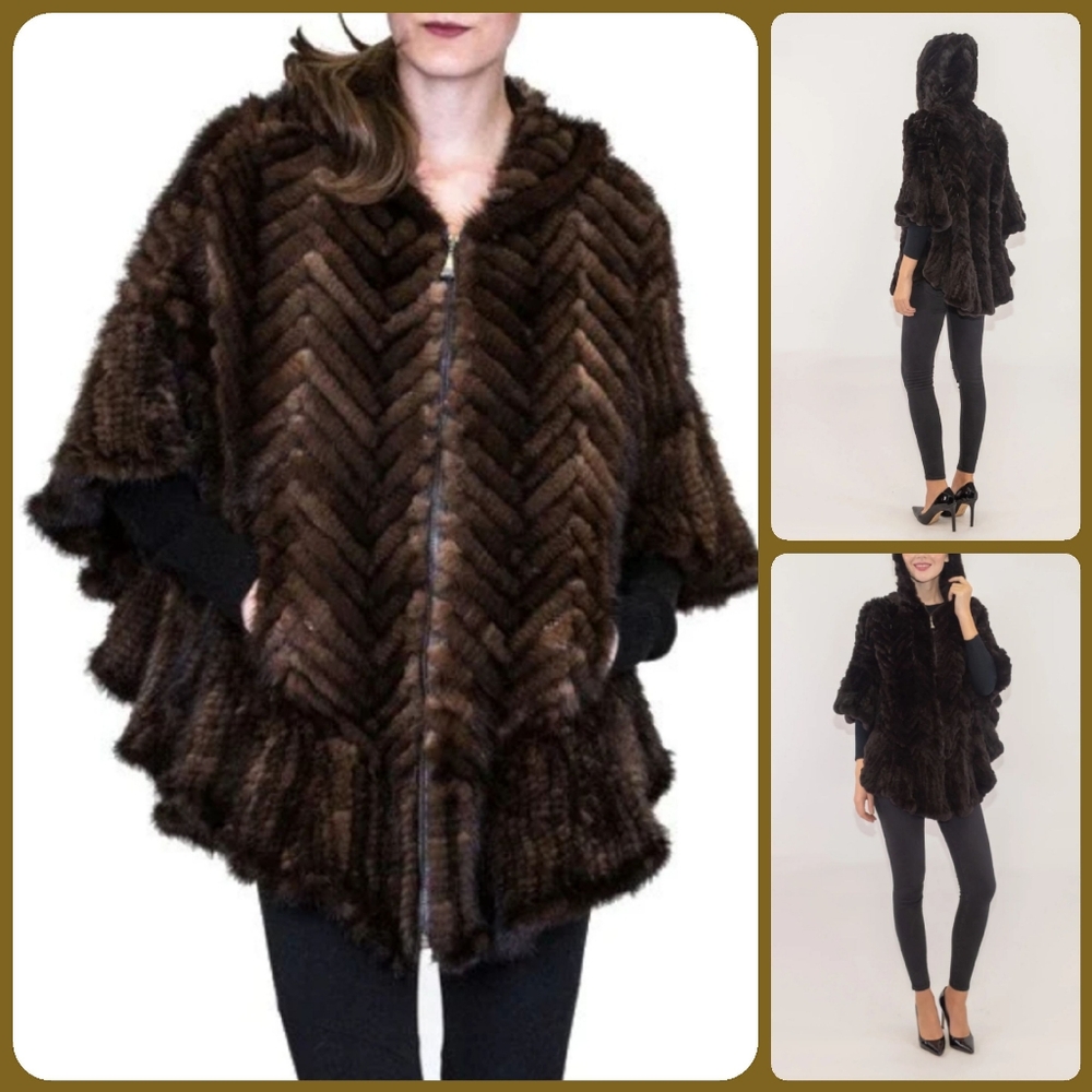Belle Fare Knitted Mink Poncho Cape With Hood - Picture 9 of 13